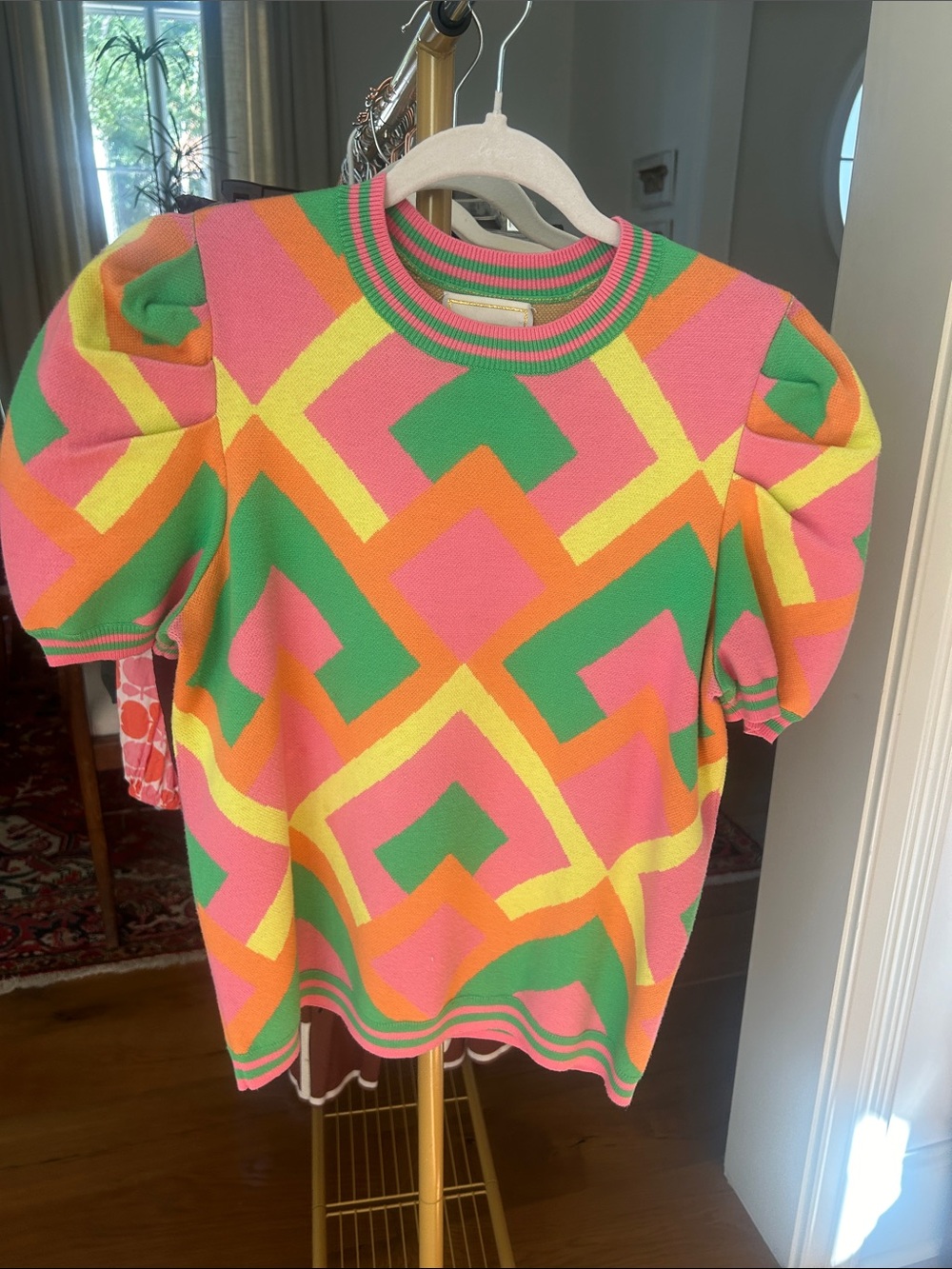 Colorblock Geometric Puff-Sleeve women’s Top - Pink/Green/Yellow